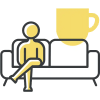 Illustration of a person sat on a sofa with a hot drink